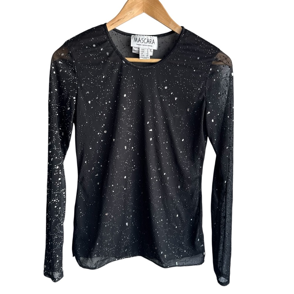 Vintage 90s Sheer Mesh Long Sleeve Top Womens M Black Metallic Splatter Lace EUC